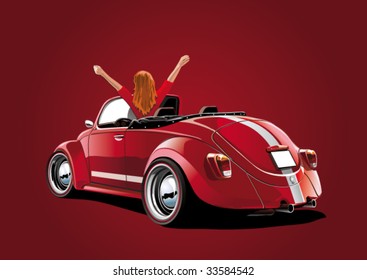 women in a red convertible