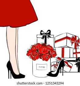 Women in red dress. Girl in high with Beautiful present boxes and bow, Box red flower, black shoes. Fashion Female legs in shoes. Trendy Design. Vogue style, Hand drawing sketch, Vector illustration