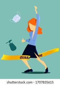 A women with red hairs in a business style happy that the quarantine has ended crosses the cut quarantine yellow tape. Take off  medical mask and tossing them. Celebration defeat coronavirus rejoice 