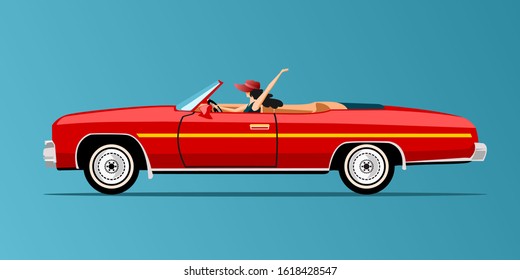 Women With Red Hat In Convertible Red Car Wallpaper Background Vector Illustration 