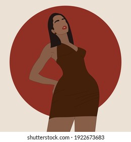 Women and red sun. Shape or Abstract art. Female portrait for an art exhibition and print templates and  backgrounds. Modern hand drawn vector illustrations. Silhouettes for Social media.