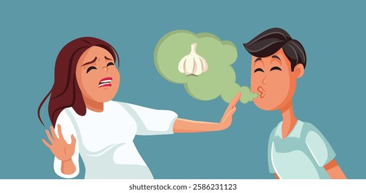 
 Women Refusing to Kiss Guy Smelling like Garlic Vector Cartoon. Girlfriend distancing from a boyfriend who emits a scent of garlic
