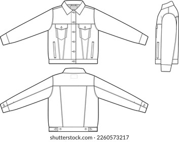 Women regular fit denim jean jacket trucker vector flat technical drawing illustration mock-up template for design and tech packs fashion CAD streetwear fashion brand design resource file.