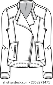 Women regular fit denim jean jacket trucker vector flat technical drawing illustration mock-up template for design and tech packs fashion CAD streetwear fashion brand design resource file.
