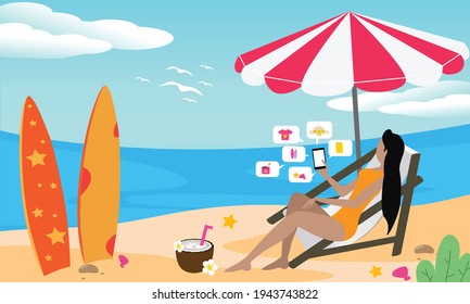 Women Relax by the sea she so happy shopping online shop summer. 
Holding with a smartphone use mobile app. 