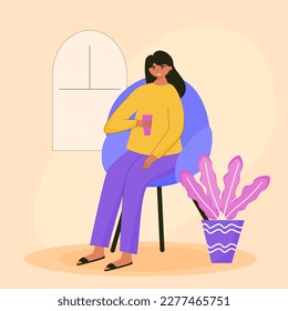 Women relax and drink while sitting on sofa at home illustration. Speed free time alone illustration character.