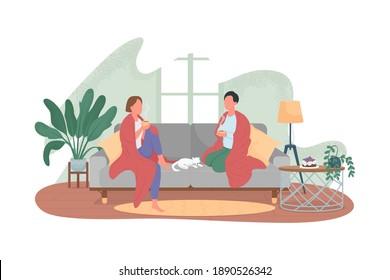 Women relax at home 2D vector web banner, poster. Friends chat. Girls sitting on couch with cups and blankets flat characters on cartoon background. Living room printable patch, colorful web element