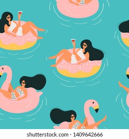 Women relax on the beach. Girls swim on inflatable laps. Flamingo and donuts swim ring. The woman's hands are cocktails. Vector seamless pattern.