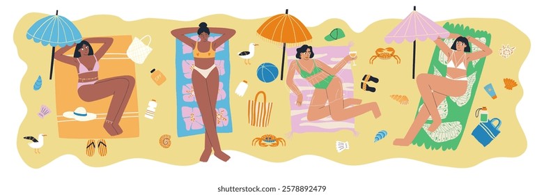 Women relax and sunbathe on the beach, illustration in flat style. Rest, beach, sea. Hand drawn vector illustration.