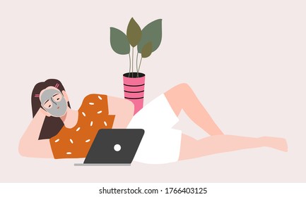 women relax watching movies on laptop during holiday or weekend and using beauty face mask vector illustration. Activities at home and me time concept