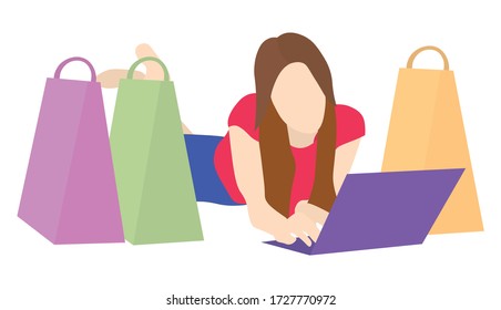 Women relax while typing on a laptop with several shopping bags beside it. Flat design vector. Suitable for online shopping advertising, discounts, sale and other shopping themes.