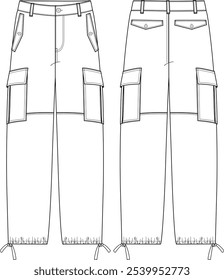 Women Relaxed fit Cargo pant with straight legs, zip fly opening, belt loops, diagonal side flap pockets, patch pockets, drawstring at bottom hem leg, vector sketch front and back