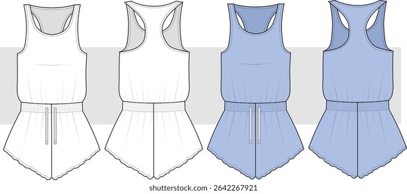 Women relaxed fit overalls, Fashion Technical Drawing, Flat Sketch, illustration. Home Wear, Sleep wear front and back view. CAD, Mockup set.