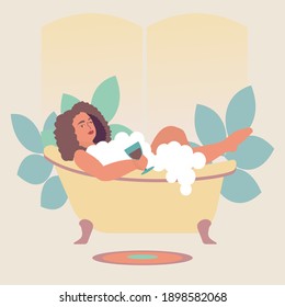 Women relaxing in bathtub with glass of wine Flat vector illustration