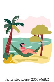Women relaxing at the beach. Woman reclining in coastal hammocks, savoring sunny alfresco. Vacation mood concept. Vector illustration.