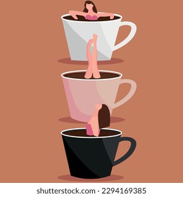 Women relaxing in big cups of coffee on beige background