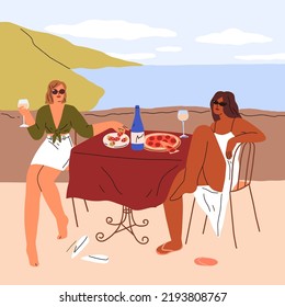 Mujeres relajándose, comiendo pizza y comida en la terraza de la cafetería de la playa en el balneario. Amigos chicas bebiendo vino en una mesa al aire libre frente al mar en vacaciones de verano relajándose. Ilustración vectorial plana