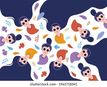 Women relaxing with Leaves pattern - Women flat illustration art. minimalist women illustration. international mental health day. Eps 10 vector