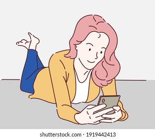 Women relaxing on a couch at home, she using smartphone. Hand drawn in thin line style, vector illustrations.