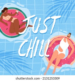 Women relaxing on swimming inflatable rings in pool water on summer holidays. Summertime vacation card. Carefree chilling females resting on sunny hot weather. Colored flat vector illustration