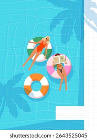 Women relaxing in the pool. Summer illustration with swimming pool, palm trees and swimming rings.
