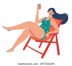 Women is relaxing in a sun lounger. Cute girl drinks cocktail. Summer vacation. Outdoor recreation. Young girl Relax. Flat cartoon style. Isolated illustration Vector. 