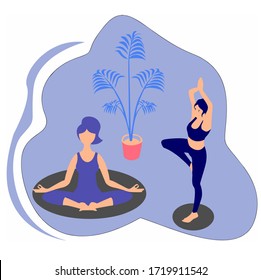 a women relaxing and yoga at home concept illustration.Women at home in quarantine. Vector flat style illustration