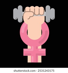 Women resist symbol. Feminism symbol with female fist raised up with dumbbell. Girl Power concept. Vector illustration.
