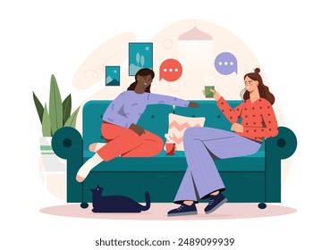 Women rest at home. Young girls sit on sofa with hot drinks and chat. Friends with tea or coffee will discuss rumors and gossip, chatting. Flat vector illustration isolated on white background