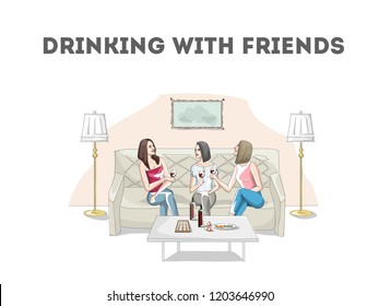 Women in restaurant talking and drinking wine. Lunch with friends. Female friendship. Bottle of red wine on the table. Isolated vector illustration