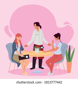 women in restaurant and waiter in uniform taking the order vector illustration design