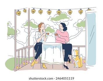 Mujeres descansando en el balcón o patio. Dos chicas sentadas con bebidas calientes y hablando entre ellas. Amigos con té o café en primavera. Estilo de arte de línea Ilustración vectorial plana sobre fondo blanco