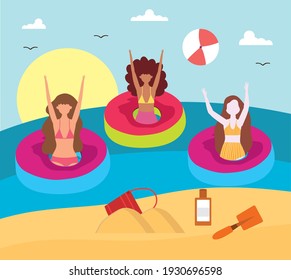mujeres descansando en flotación inflable