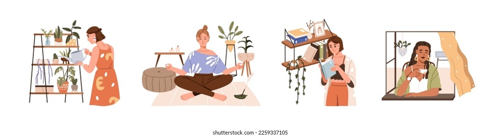 Mujeres descansando, relajándose en casa. Niña soltera en relajaciones de fin de semana, tiempo libre. Personajes felices con libros, plantas, té, meditación. Ilustraciones gráficas planas vectoriales aisladas en fondo blanco