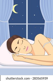 Women resting with sleeping at night time for health and beauty in bedroom with open window see night sky