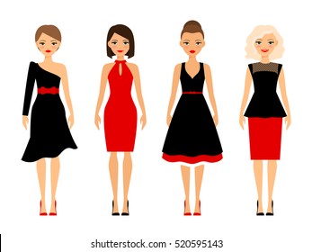 Women in retro dresses on white background. Vector icons collection