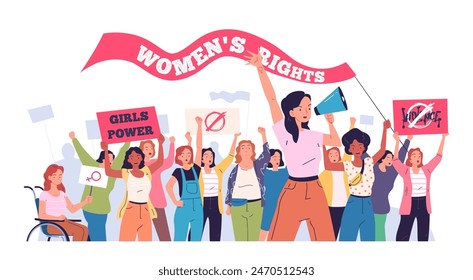 Women revolution. Feminism activist street protest, cartoon female activists banner megaphone, girl power phrases woman empowerment convention feminist vector illustration of activist demonstration