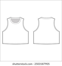 Women Ribbed sleeveless Lettuce hem Crop Top round neck vest tank top t shirt blouse flat sketch technical drawing template design vector