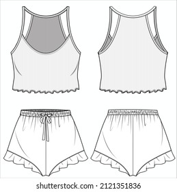 FRAUEN REINIGEN TANK UND KURZE MIT FRILL-NACHTWEAR IN EDITABLE-VEKTORDATEI