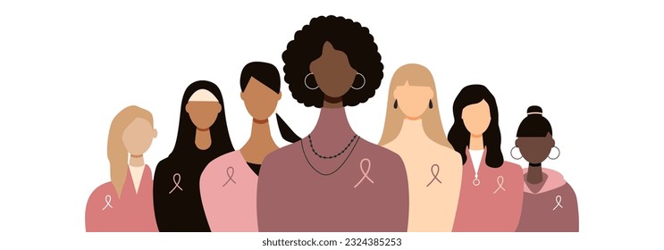 Women with ribbons. Breast cancer awareness month concept.