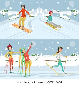 Women ride a mountain on a snowboard and skiing on a snowy day. Winter sports vacation concept. Flat cartoon vector illustration