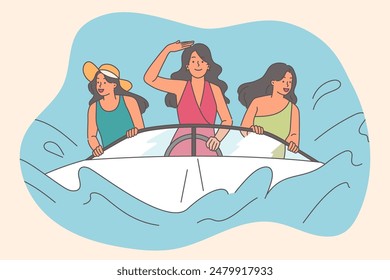 Women ride on yacht traveling south sea and moving to island with elite resort for tourists. Luxury entertainment for girls driving fast yacht during summer vacation in tropical region