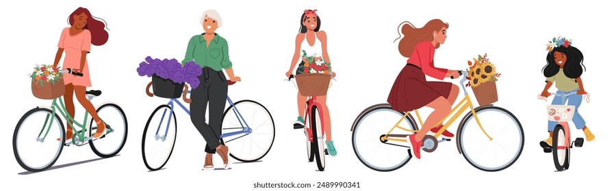 Mujeres Montando Bicicletas, Cada Una Llevando Una Cesta De Flores. La Imagen Retrata Una Sensación De Alegría, Libertad Y Unidad Mientras Disfrutan De Su Viaje. Vector Concepto De Actividades Al Aire Libre, Comunidad Y Felicidad