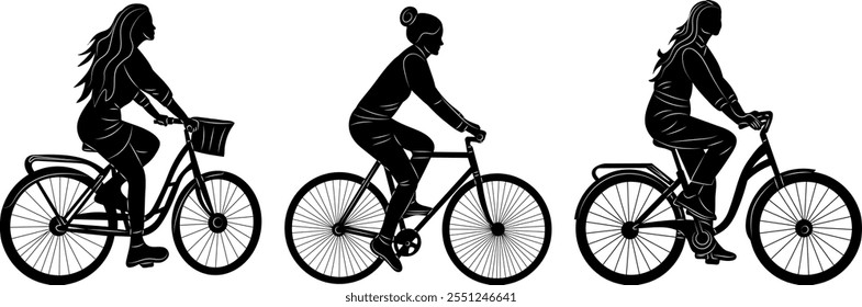 women riding bicycles silhouette vector