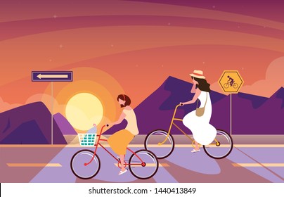 women riding bike in sunrise landscape with signage for cyclist