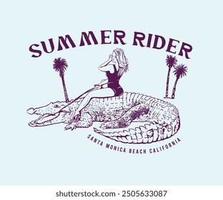 women riding crocodile vector illustration, California beach vacation t shirt design, girl on crocodile vector drawing, palm beach graphic print design