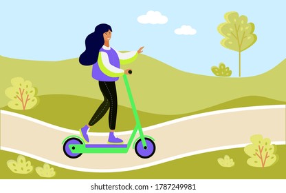 Mujeres montando motocicleta eléctrica en el parque.Adultos jóvenes activos.Tecnologías modernas.Transporte ecológico. Transporte urbano.Ilustración plana vectorial.