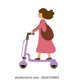 Women in riding the electric scooter. Purple electric scooter. Women with bag on scooter.