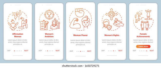 Women right onboarding mobile app page screen with concepts. Girls power, ambition and achievement walkthrough 5 steps graphic instructions. UI vector template with RGB color illustrations