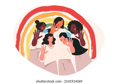 Women right and power. Lgbt diverse female team with rainbow. Feminism concept. Strong girl show stop gesture. Female solidarity. Cartoon flat vector illustration isolated on white background